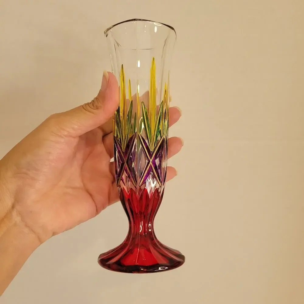 Rainbow Multicolor Art Glass Vase – Heavy, Hand‑Cut, Gold Accents – Unmarked